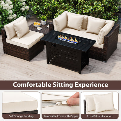 5-Piece Outdoor Rattan Sofa Set with 60,000 BTU Propane Fire Pit Table & Ottoman