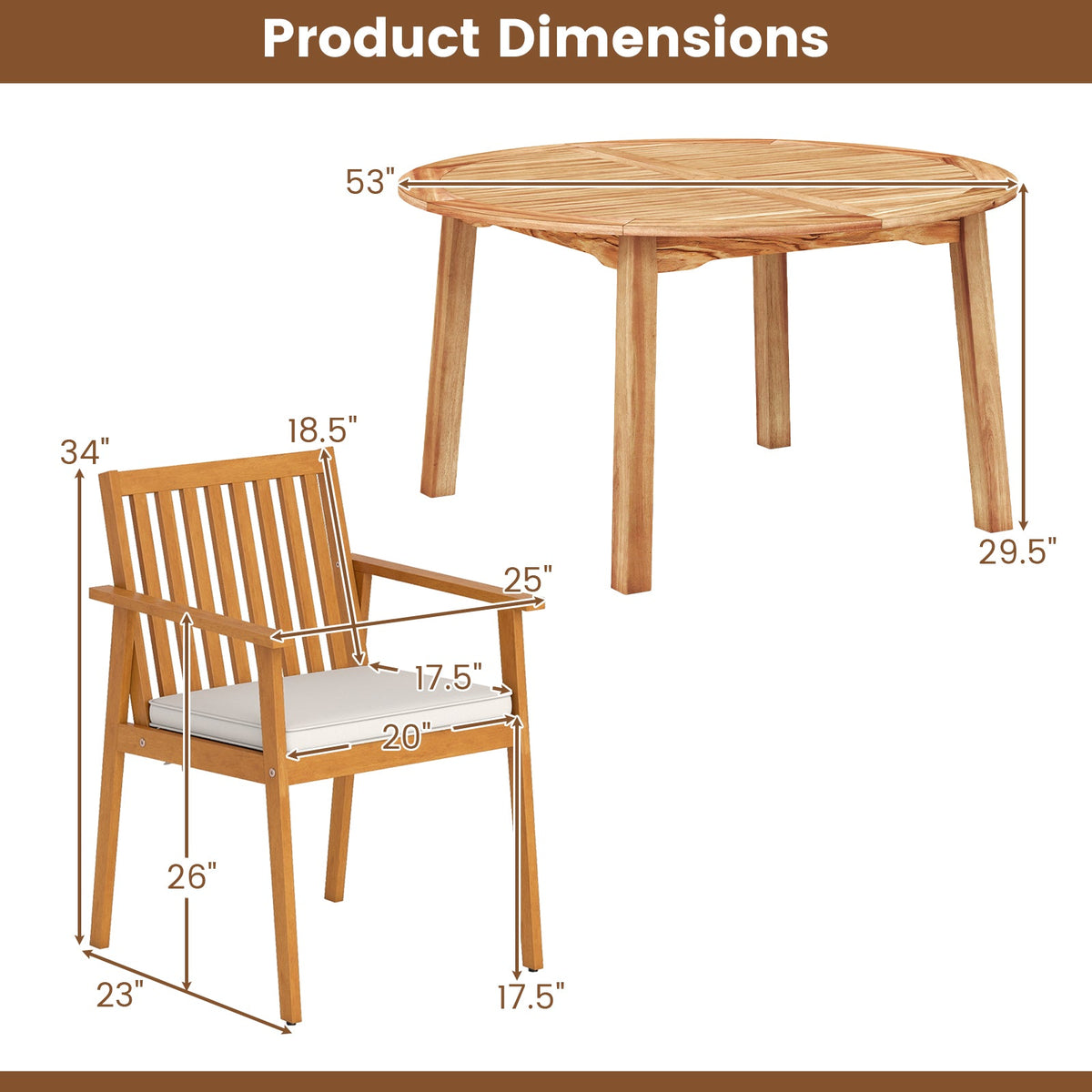 5-Piece Acacia Wood Patio Dining Set With 53" Round Table & Umbrella Hole – Seats 4