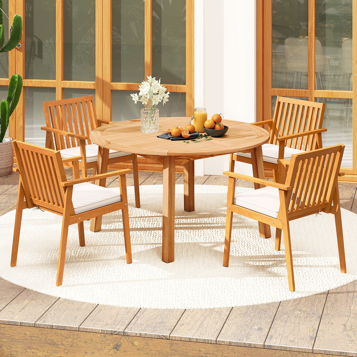 5-Piece Acacia Wood Patio Dining Set With 53" Round Table & Umbrella Hole – Seats 4