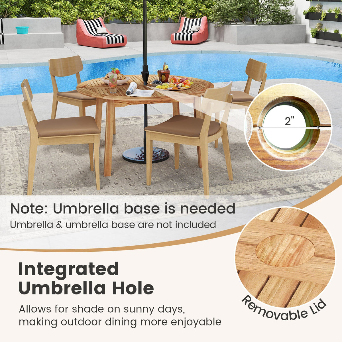5-Piece Acacia Wood Patio Dining Set With 53" Round Table & Umbrella Hole – Seats 4