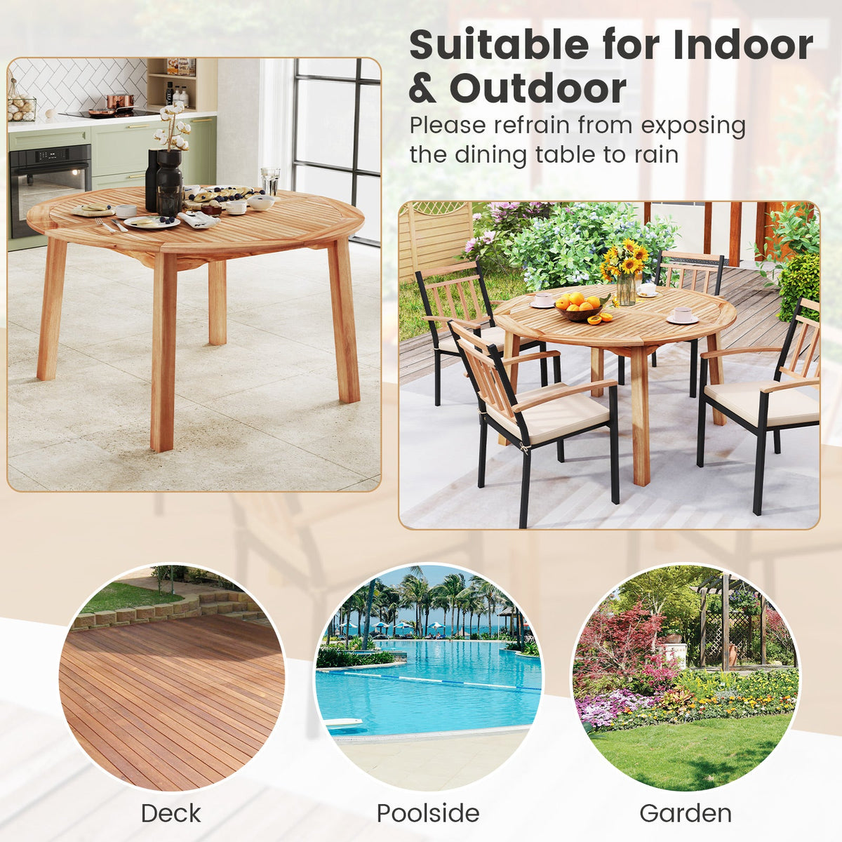 5-Piece Acacia Wood Patio Dining Set With 53" Round Table & Umbrella Hole – Seats 4