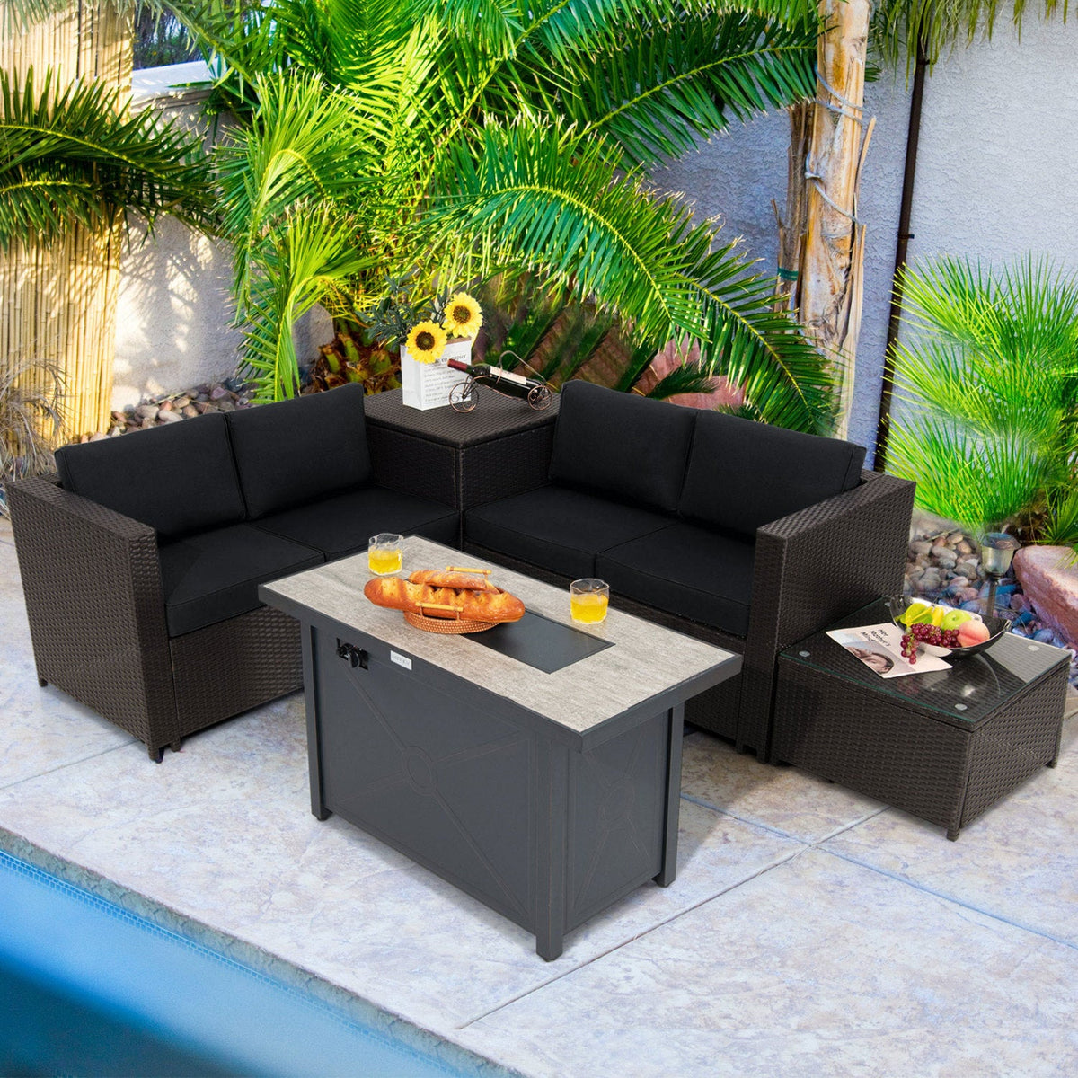5-Piece Outdoor PE Wicker Loveseat Set with 60,000 BTU Ceramic Fire Pit, Coffee Table & Storage Box