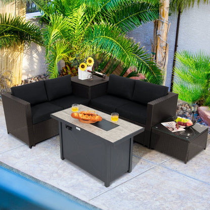5-Piece Outdoor PE Wicker Loveseat Set with 60,000 BTU Ceramic Fire Pit, Coffee Table & Storage Box