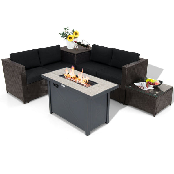 5-Piece Outdoor PE Wicker Loveseat Set with 60,000 BTU Ceramic Fire Pit, Coffee Table & Storage Box