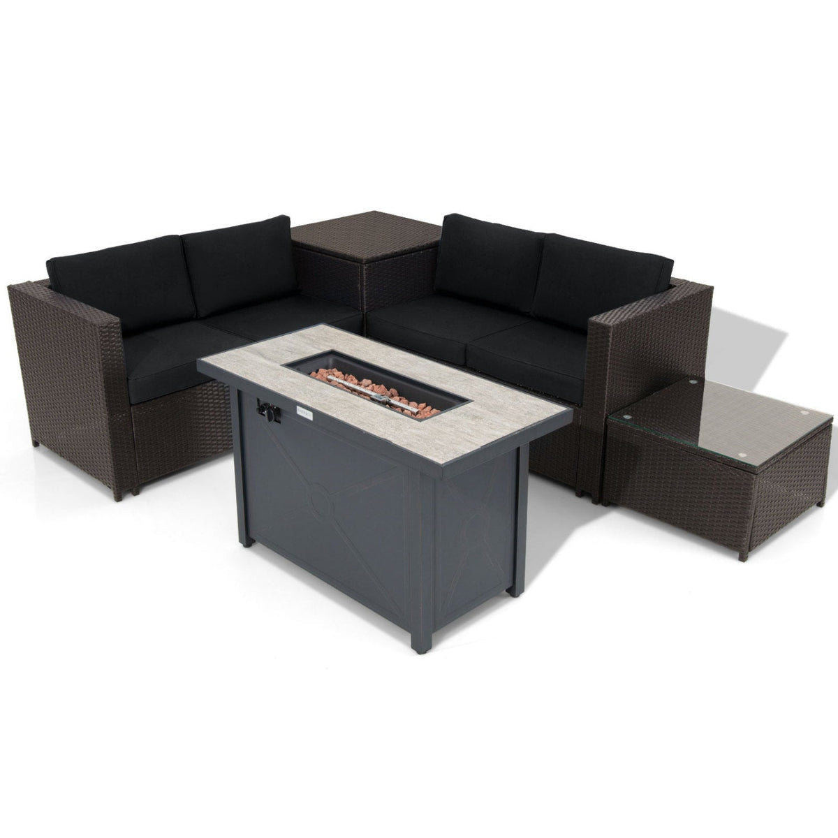 5-Piece Outdoor PE Wicker Loveseat Set with 60,000 BTU Ceramic Fire Pit, Coffee Table & Storage Box
