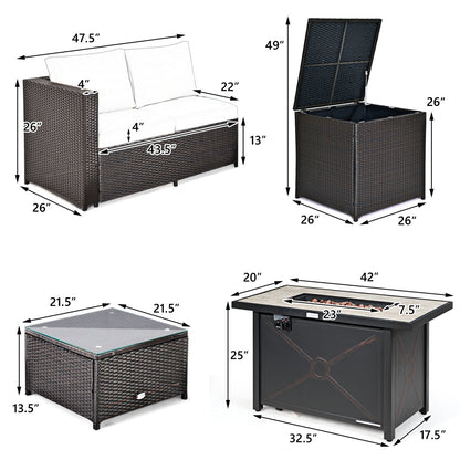 5-Piece Outdoor PE Wicker Loveseat Set with 60,000 BTU Ceramic Fire Pit, Coffee Table & Storage Box